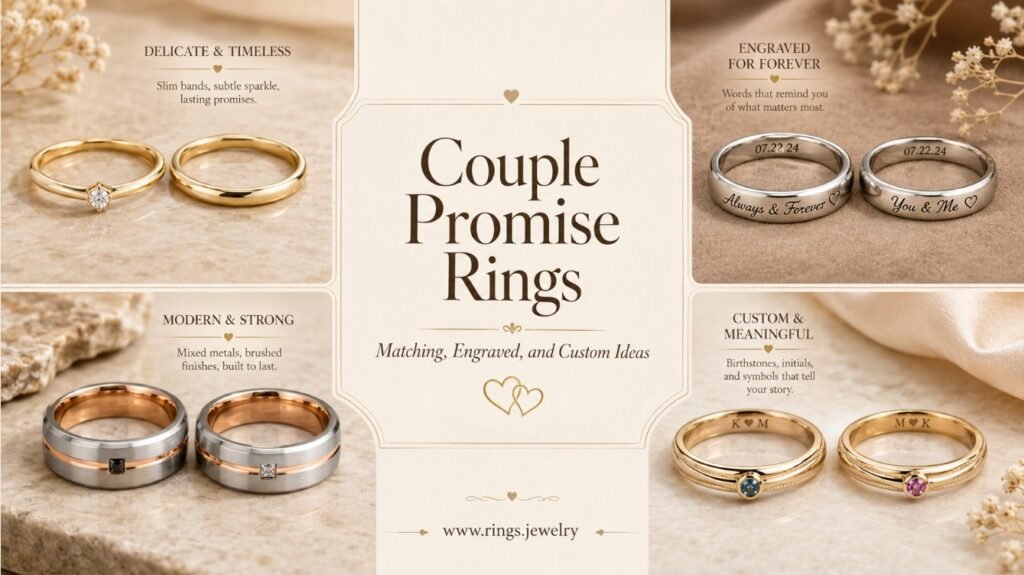 Couple Promise Rings: Matching, Engraved, and Custom Ideas 2 Couple promise rings with matching styles, engraved bands, mixed metals, and custom details for meaningful relationship jewelry ideas