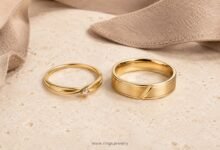 Couple promise rings with coordinated gold designs, delicate stone detail, and engraved band style for matching, custom, and meaningful relationship jewelry