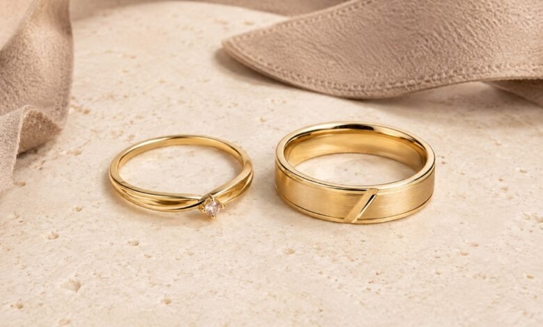 Couple promise rings with coordinated gold designs, delicate stone detail, and engraved band style for matching, custom, and meaningful relationship jewelry