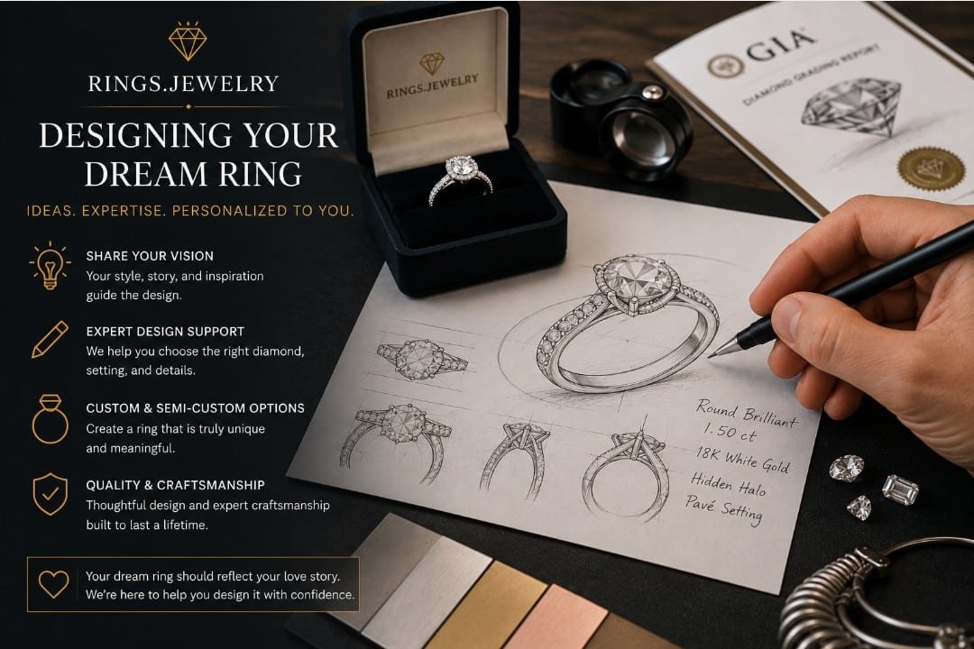 Jewelry designer creating a custom diamond engagement ring with sketches gemstones metal samples and expert design guidance