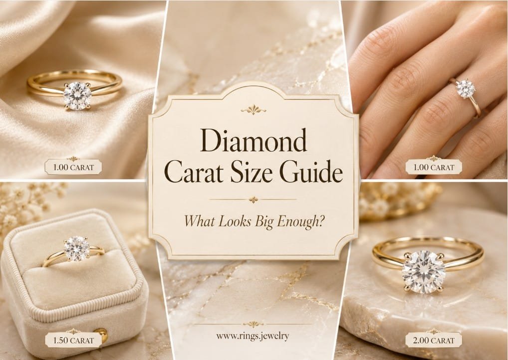 Diamond Carat Size Guide for Engagement Rings: What Looks Big Enough? 2 Diamond carat size guide with 1 carat, 1.5 carat, and 2 carat engagement ring examples, visible size, hand proportion, and buying advice