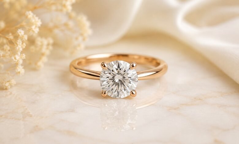 Diamond carat size guide with engagement ring proportions, visible diamond size, cut quality, setting style, and buying advice