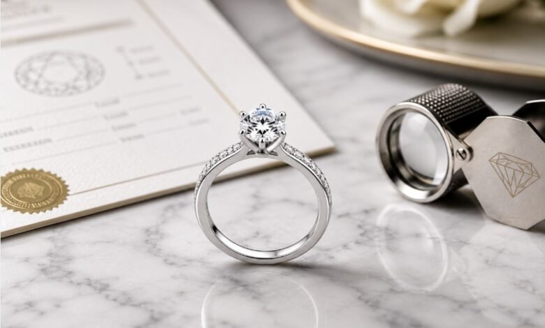 Diamond certification guide with GIA, IGI, GCAL, grading reports, cut quality, and engagement ring buying advice