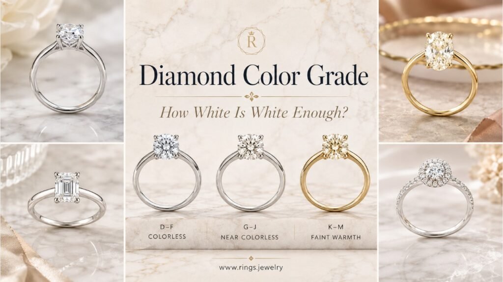 Diamond Clarity Grade for Engagement Rings: What Is Actually Eye-Clean? 2 Diamond color grade guide with colorless, near-colorless, and warm diamonds for engagement ring buying advice