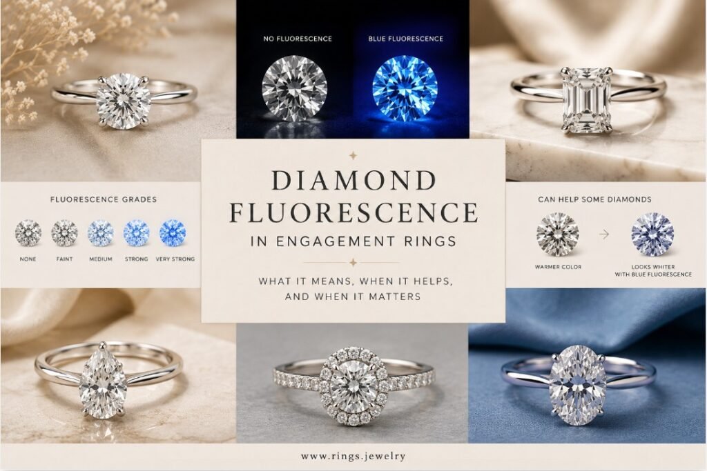 Diamond Fluorescence in Engagement Rings: Good, Bad, or Overhyped? 2 Diamond fluorescence guide with blue fluorescence, UV light reaction, fluorescence grades, color grade, transparency, and engagement ring buying advice