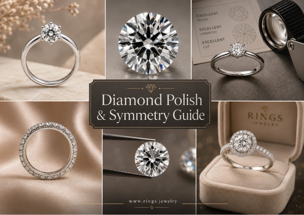 Diamond polish and symmetry guide with facet alignment, surface finish, certification, sparkle, and engagement ring buying advice