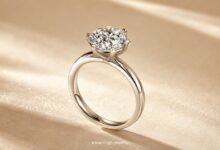 Diamond table and depth guide with engagement ring proportions, light return, visible size, spread, and buying advice