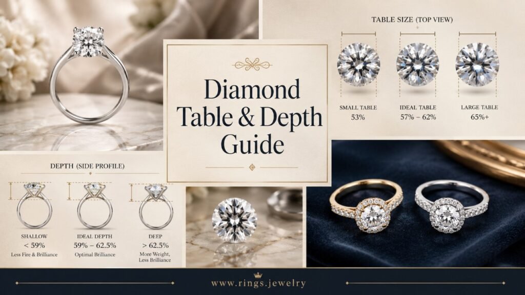 Diamond Table and Depth Explained: Why Proportions Matter in Engagement Rings 2 Diamond table and depth guide with table size, depth profile, proportions, light return, spread, and engagement ring buying advice
