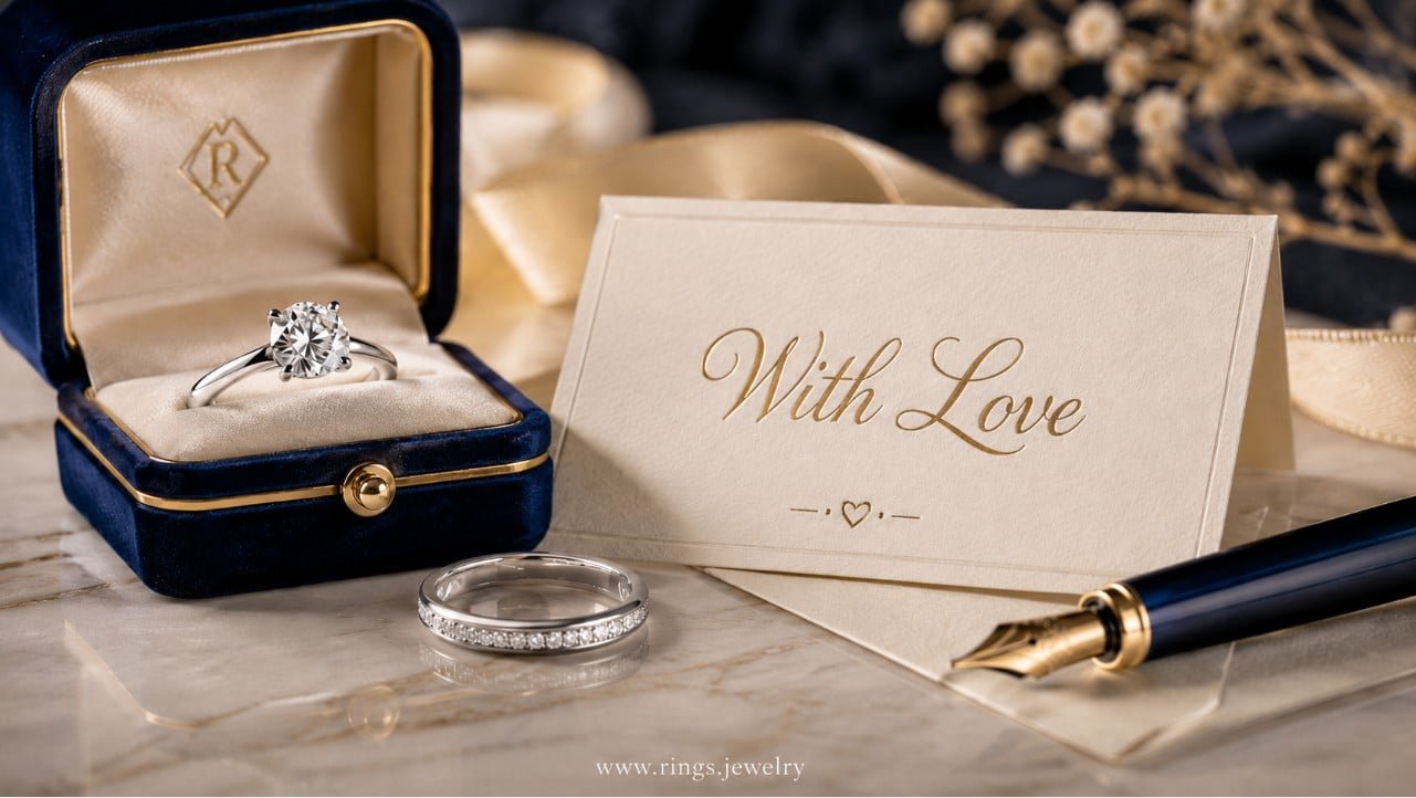 Elegant ring gift messages with fine jewelry, a handwritten-style card, engagement ring, wedding band, and luxury stationery