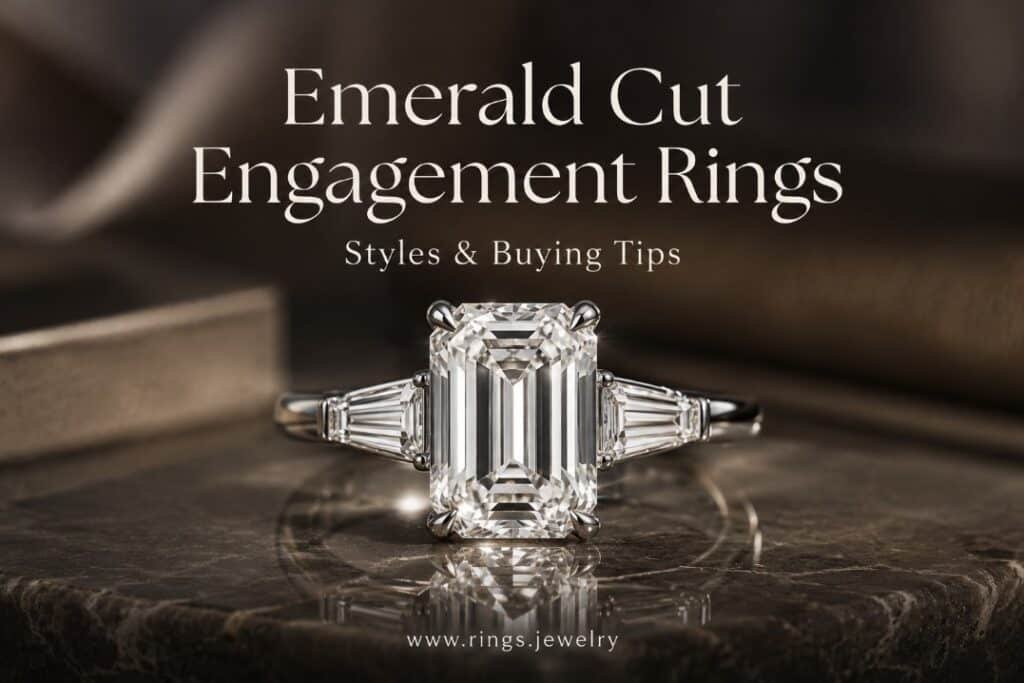 Emerald cut diamond engagement ring with centered luxury title