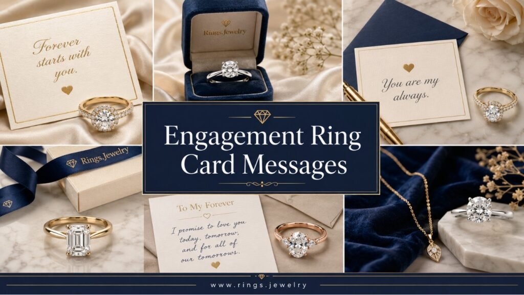 Engagement ring card messages with complete fine rings, elegant proposal cards, romantic wording, ring box notes, and luxury jewelry gift styling