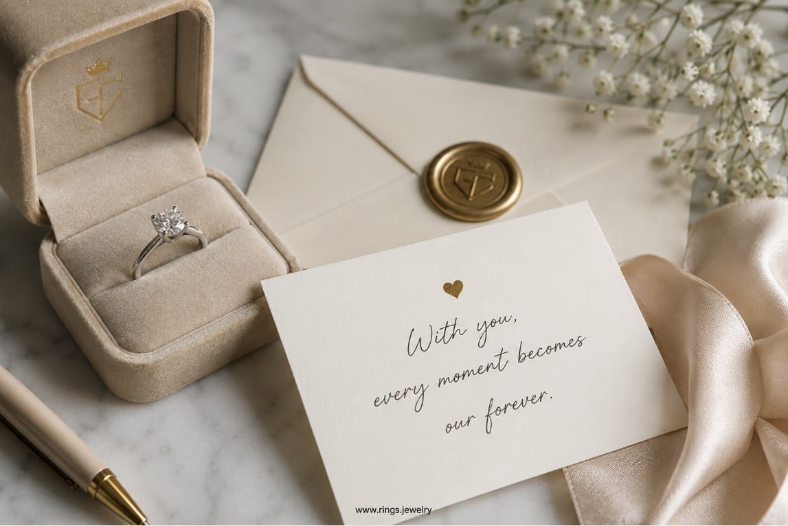 Engagement ring card messages with fine diamond ring, elegant proposal card, romantic wording, luxury ring box, and meaningful proposal gift styling