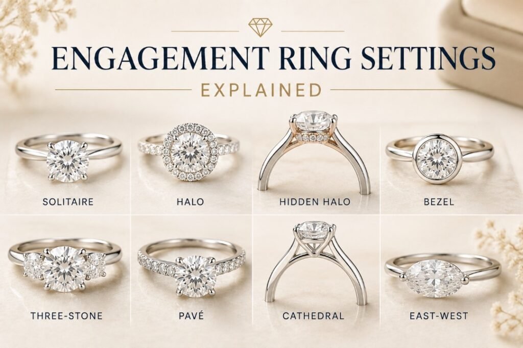 Engagement Ring Settings Explained 2 Engagement ring settings explained with solitaire, halo, hidden halo, bezel, three-stone, pavé, cathedral and east-west rings