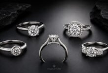 Luxury diamond engagement ring settings on dark slate with solitaire, halo, bezel, cathedral and three-stone ring styles