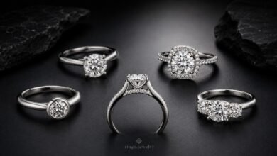 Luxury diamond engagement ring settings on dark slate with solitaire, halo, bezel, cathedral and three-stone ring styles