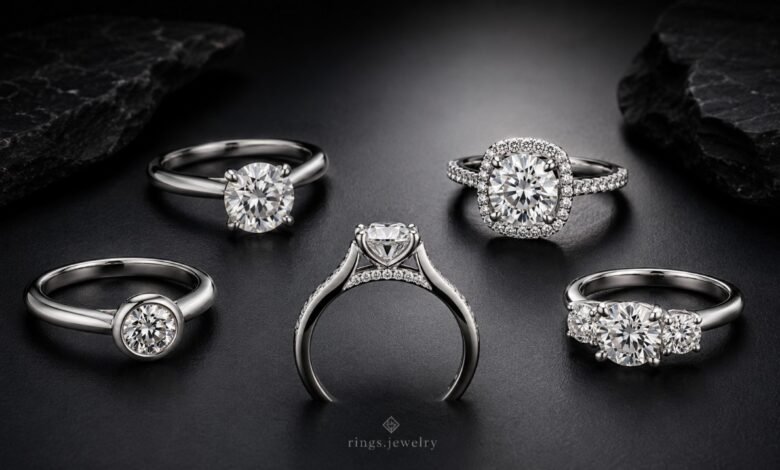 Luxury diamond engagement ring settings on dark slate with solitaire, halo, bezel, cathedral and three-stone ring styles