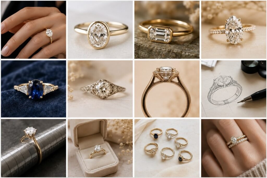 Engagement Ring Trends 2026: What’s Popular Right Now 2 Collage of 2026 engagement ring trends featuring oval diamonds, bezel settings, east-west rings, gemstone rings, vintage designs and custom sketches