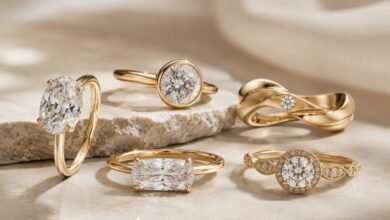 Engagement Ring Trends 2026: What’s Popular Right Now 3 Luxury gold engagement rings with oval, bezel, east-west and vintage-inspired diamond designs for 2026 trends