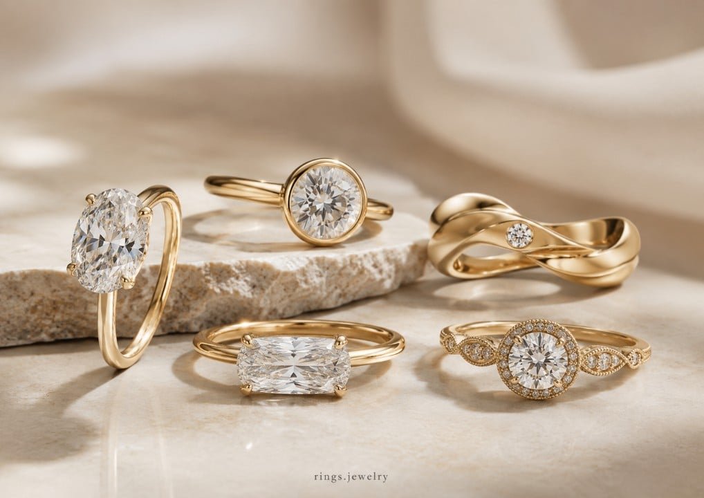Luxury gold engagement rings with oval, bezel, east-west and vintage-inspired diamond designs for 2026 trends