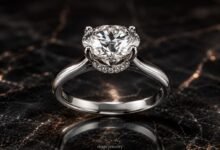 Hidden halo diamond engagement ring close up on dark marble