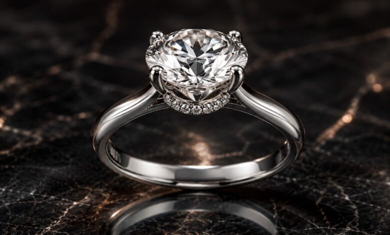 Hidden halo diamond engagement ring close up on dark marble