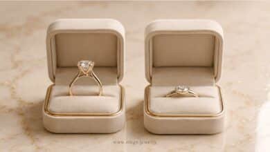 High profile and low profile engagement rings compared for setting height, comfort, and daily wear
