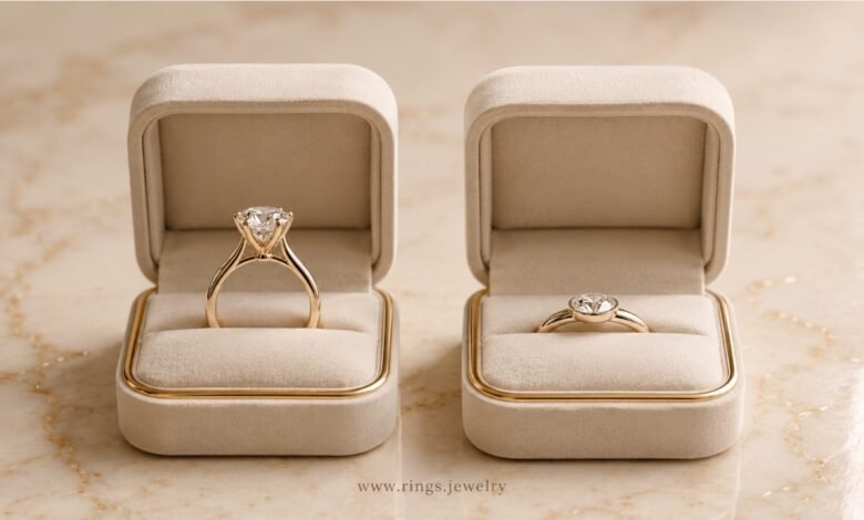 High profile and low profile engagement rings compared for setting height, comfort, and daily wear