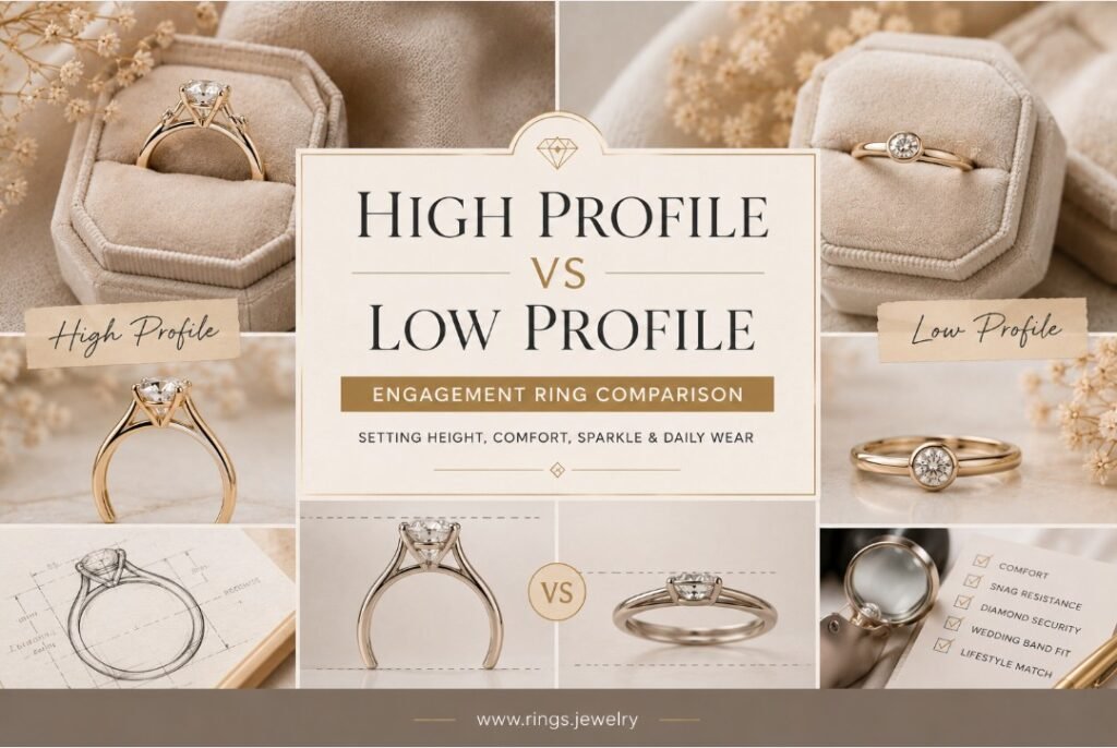 High profile vs low profile engagement ring guide with setting height, comfort, sparkle, and daily wear comparison