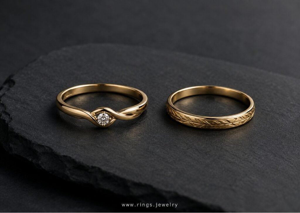 How Much Should You Spend on a Promise Ring? 3 Gold promise rings on dark stone surface for a budget guide about choosing a meaningful promise ring price, material, style, and long-term value