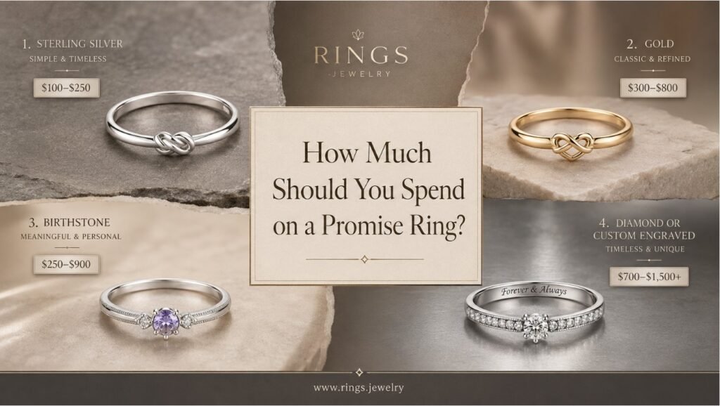 How Much Should You Spend on a Promise Ring? 2 Promise ring price guide with sterling silver, gold, birthstone, diamond, and custom engraved ring options showing realistic budget ranges for choosing a meaningful ring