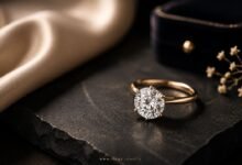 Diamond engagement ring on dark stone for an engagement ring budget guide