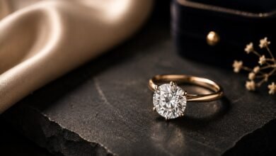 Diamond engagement ring on dark stone for an engagement ring budget guide