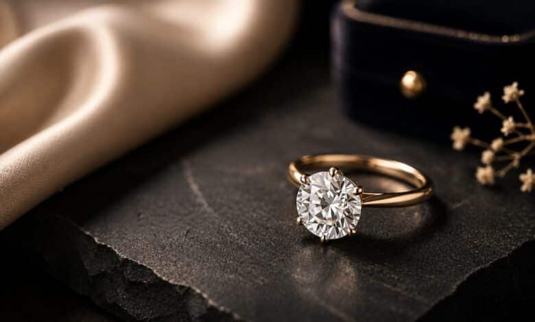 Diamond engagement ring on dark stone for an engagement ring budget guide