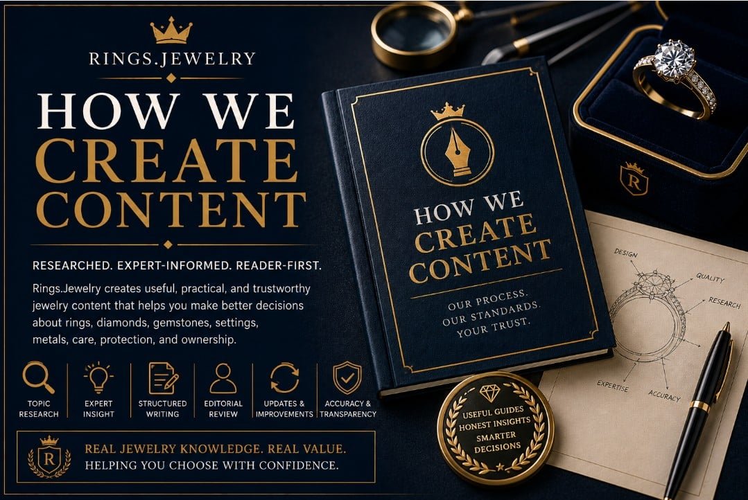 Luxury jewelry content creation banner with diamond ring research notes editorial review expert insight and reader-first standards