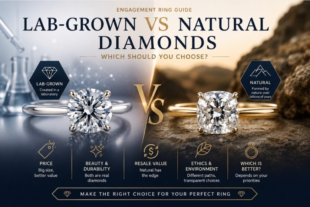 Lab-grown vs natural diamond engagement rings comparison with two diamond rings, price, beauty, resale value and ethics