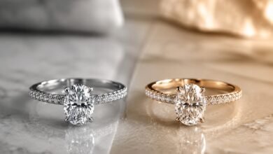 Lab-Grown vs Natural Diamonds for Engagement Rings 3 Two oval diamond engagement rings on marble, comparing lab-grown and natural diamond ring styles