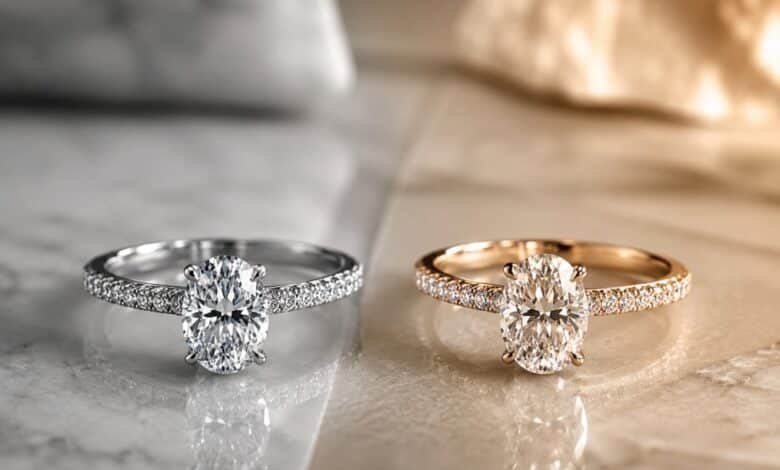 Two oval diamond engagement rings on marble, comparing lab-grown and natural diamond ring styles