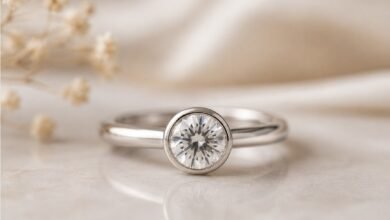 Low profile engagement ring with a secure diamond setting for comfortable daily wear