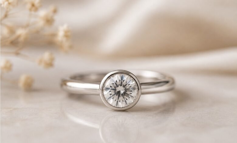 Low profile engagement ring with a secure diamond setting for comfortable daily wear