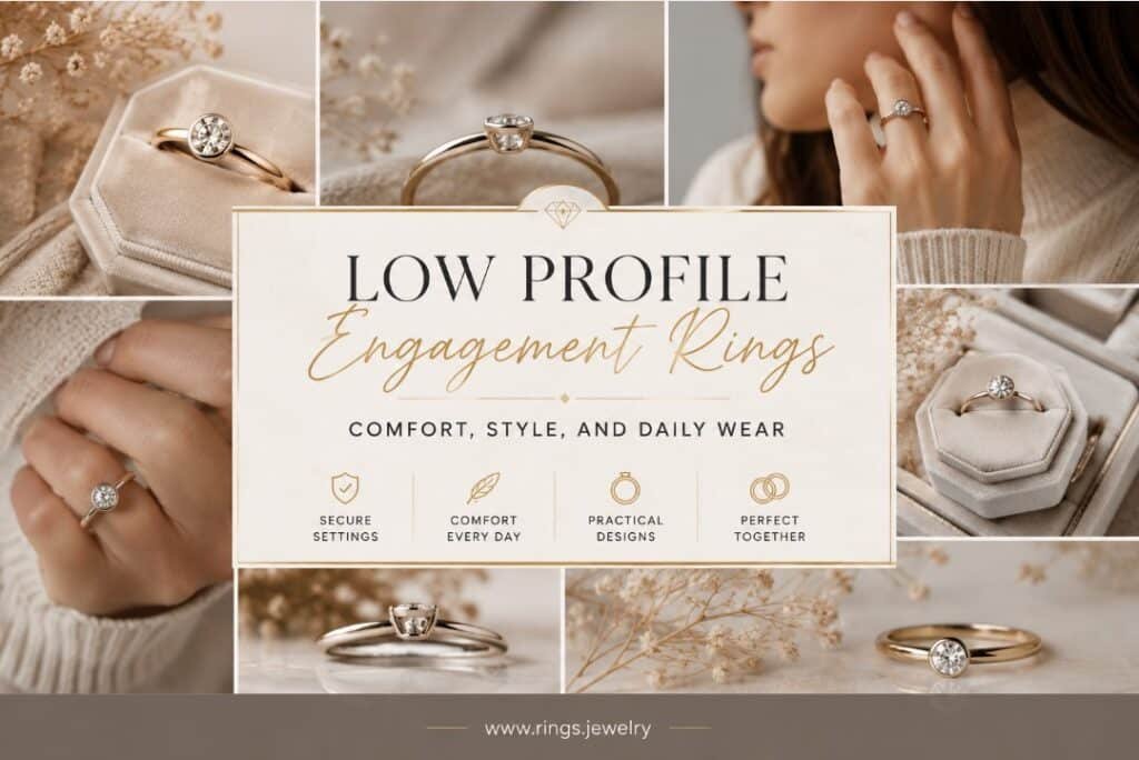 Low profile engagement rings guide with secure settings, everyday comfort, and elegant bridal style