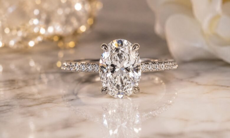 Realistic oval diamond engagement ring with sparkling pavé band