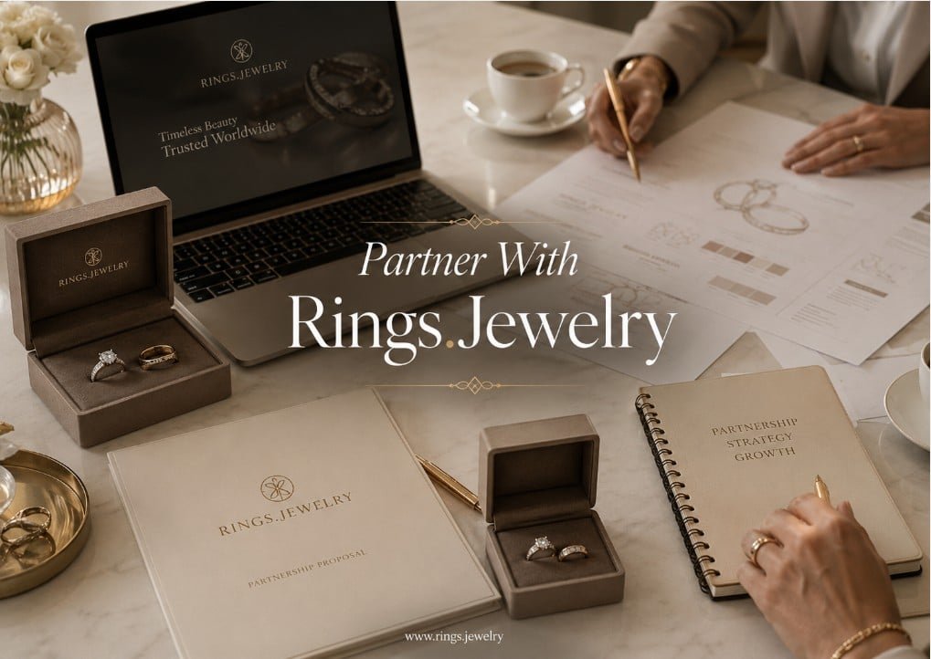 Luxury jewelry partnership meeting with ring boxes proposal documents laptop and brand collaboration planning
