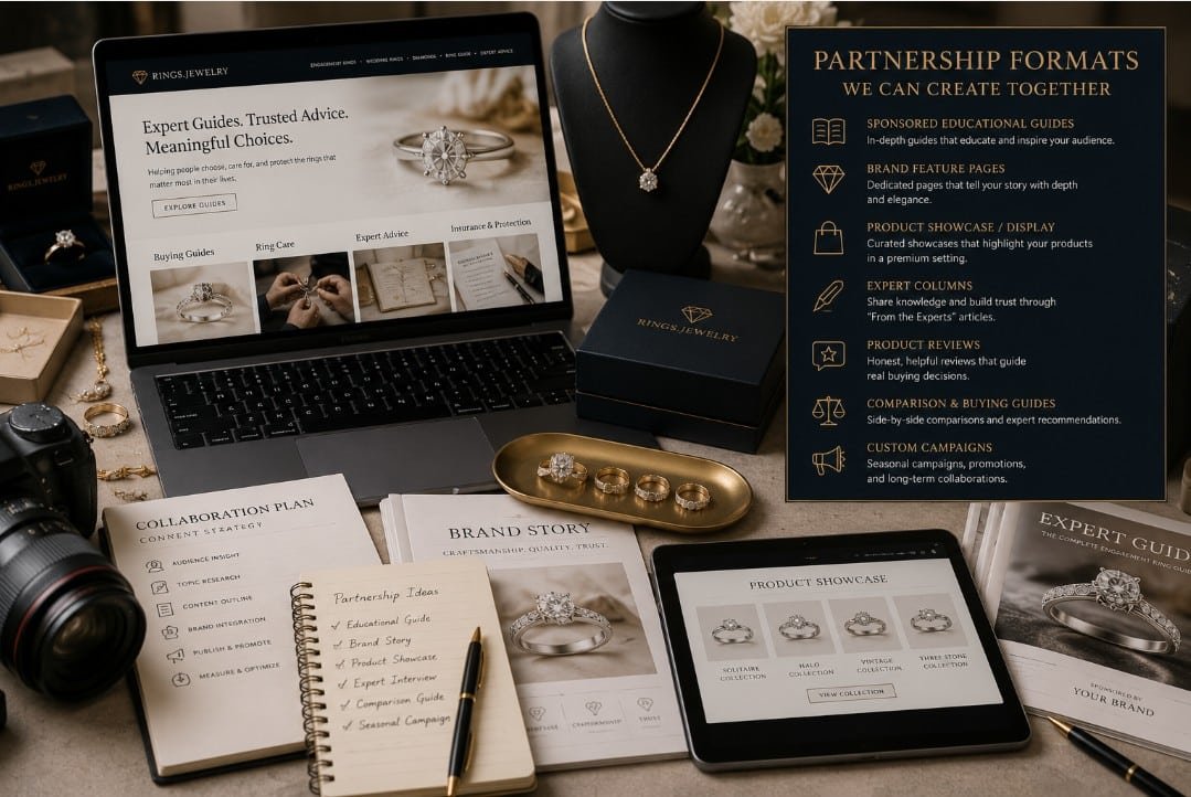 Jewelry collaboration workspace with product showcase brand story sponsored guides expert columns and partnership planning