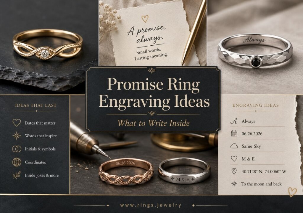 Promise Ring Engraving Ideas: What to Write Inside 2 Promise ring engraving ideas with romantic messages, meaningful date 06.26.2026, initials, coordinates, private phrases, and custom inscription examples