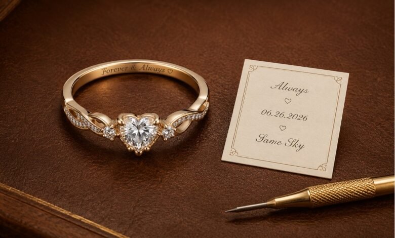 Promise ring engraving ideas with romantic inscription, meaningful date 06.26.2026, short message card, and custom jewelry detail for choosing what to write inside a ring
