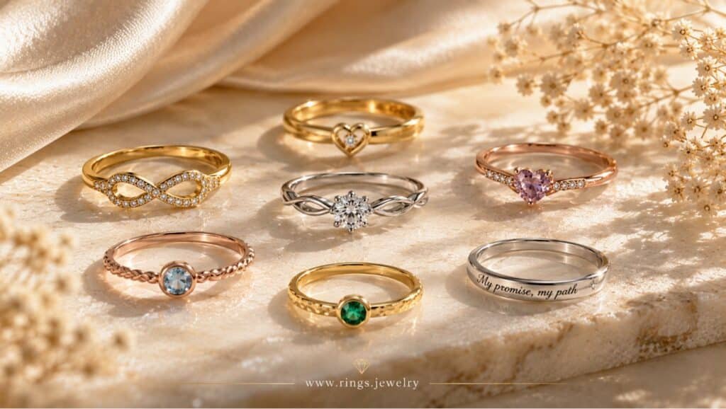 Promise Ring Meaning: What Does a Promise Ring Really Mean? 2 Promise rings in gold, rose gold, silver, diamond, sapphire, emerald, infinity, heart, and engraved styles symbolizing love, commitment, friendship, and personal vows