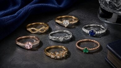Promise rings in gold, rose gold, silver, diamond, sapphire, emerald, infinity, heart, and symbolic styles representing love, commitment, friendship, future intention, and personal vows