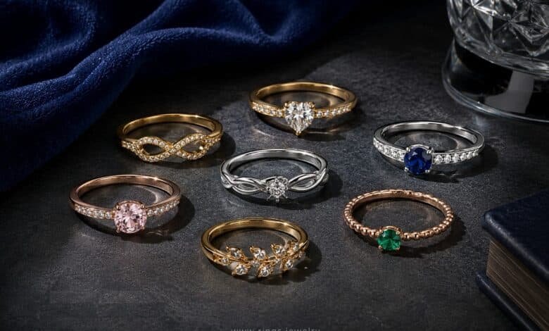 Promise rings in gold, rose gold, silver, diamond, sapphire, emerald, infinity, heart, and symbolic styles representing love, commitment, friendship, future intention, and personal vows