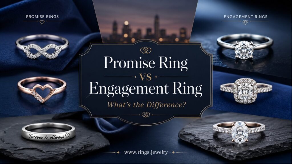 Promise ring and engagement ring comparison showing commitment, proposal meaning, symbolic ring styles, diamond designs, relationship timing, and expectations