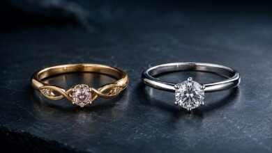 Promise ring and engagement ring comparison showing the difference between commitment, proposal meaning, symbolic design, diamond style, and relationship timing